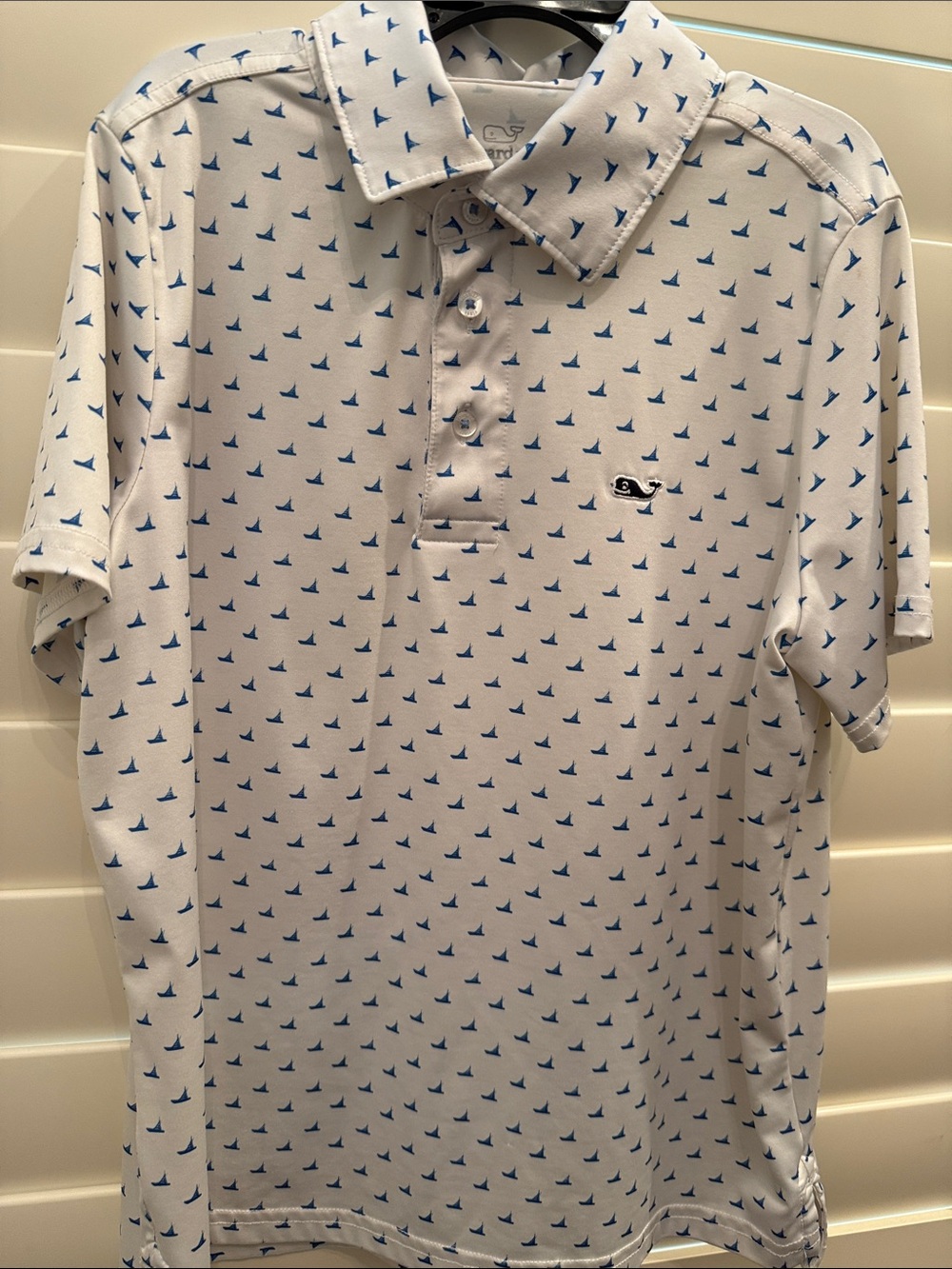 Vineyard Vines White Polo with Blue Sailboat Pattern